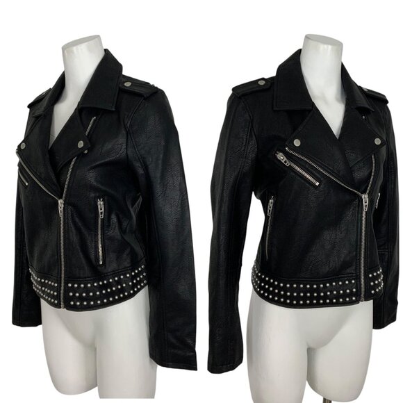 BlankNYC Faux Leather Biker Studded Jacket S Black Zipper Cuffs Zip Front Moto - Picture 3 of 13